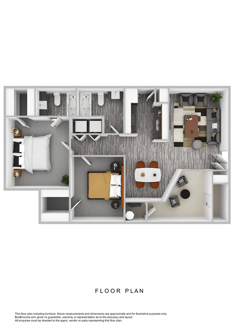 Floor plan for 2 beds, 2 baths, 844 sqft